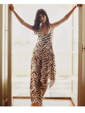 Zara Brown and White Zebra-Print Wide Leg Jumpsuit